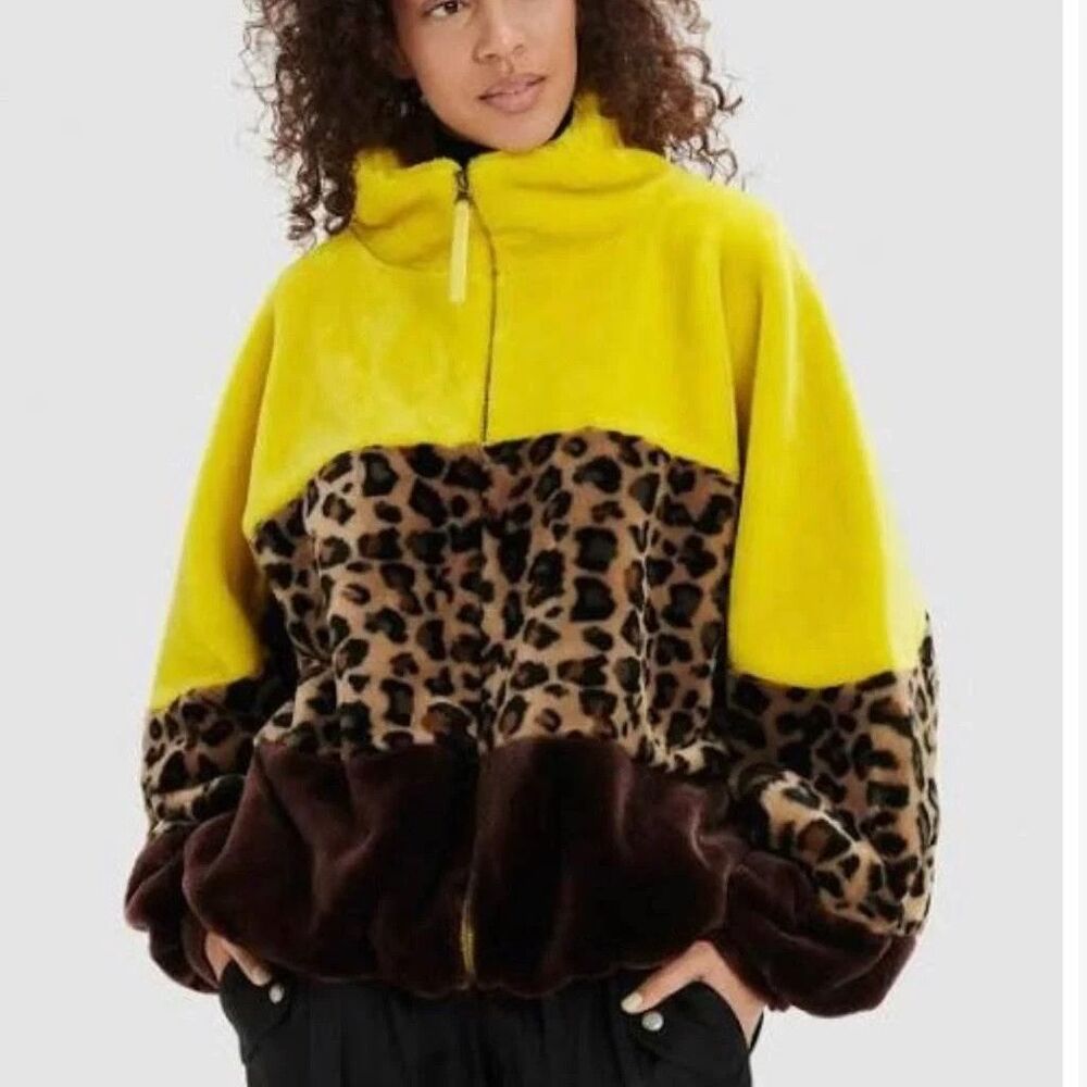 UGG Elaina Colorblock Faux Fur Leopard Oversized Teddy BearJacket XS